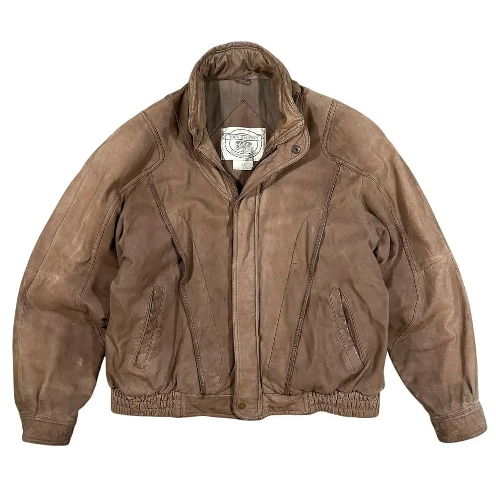 Vintage John Ashford Leather Jacket Mens Large Distressed Brown Full Zip